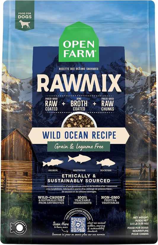 Open Farm, RawMix Grain-Free Dry Dog Food, Protein-Packed Kibble Coated in Bone Broth with Freeze Dried Raw Chunks, Salmon Whitefish & Rockfish,Wild Ocean Recipe, 3.5lb Bag
