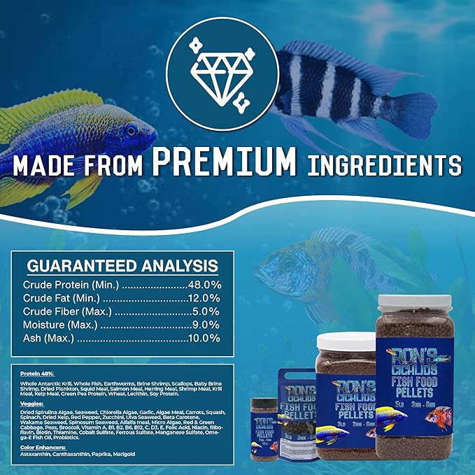 RON'S CICHLIDS African Cichlid Fish Food, Premium Tropical Fish Food Pellets with Protein, Veggies & Fruits for Healthier, Brighter & Bigger Tropical Fish & Cleaner Tanks, Big Boy Blend, 12 OZ