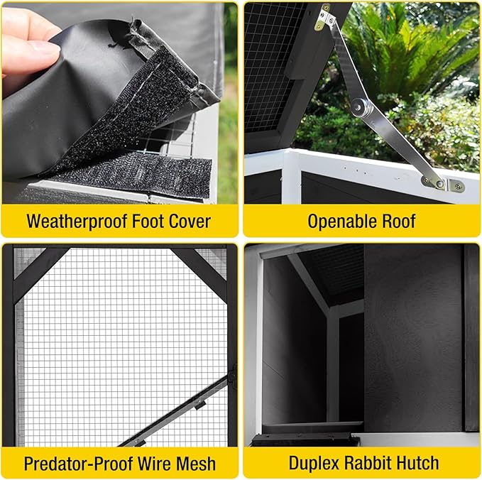 Aivituvin 2-Story Large 39.3" Rabbit Hutch, Opening Roof Bunny Cage with Chew-Proof Ramp, Leak-Proof Tray and Locking Wheels, for 2-4 Rabbits (Black/White)