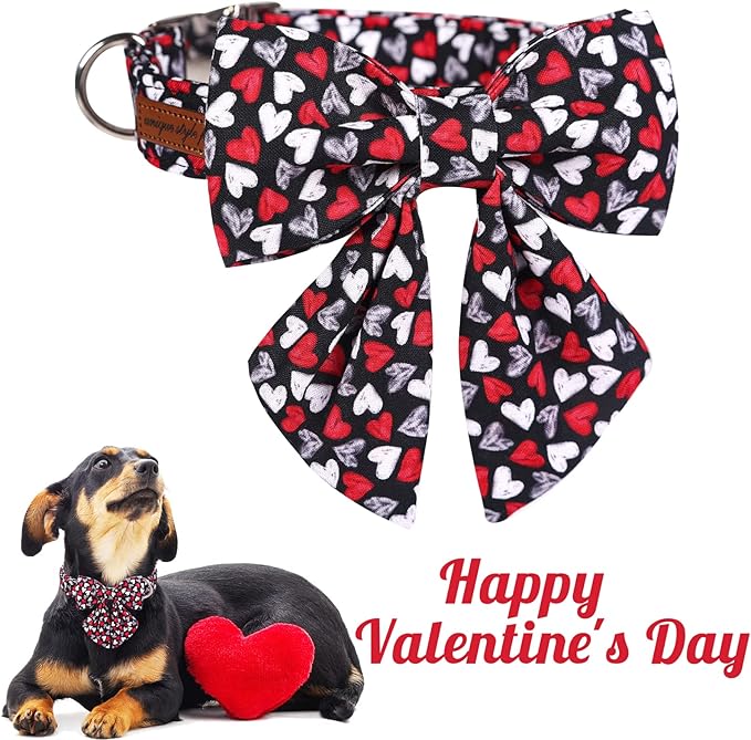 Unique style paws Valentine's Day Dog Collar with Tie Black & Red Heart Puppy Collar Best Gothic Style Gift for Small Medium Large Boys Girls-S