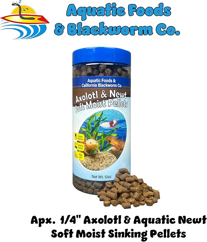 Aquatic Foods Inc. Axolotl Pellet Food 1/4" Soft Moist Sinking Pellets for Juvenile Axolotl Also Shrimp, Snails, Crayfish, Bottom Tropical Fish, Blackworm Pellets Included 12oz Canister