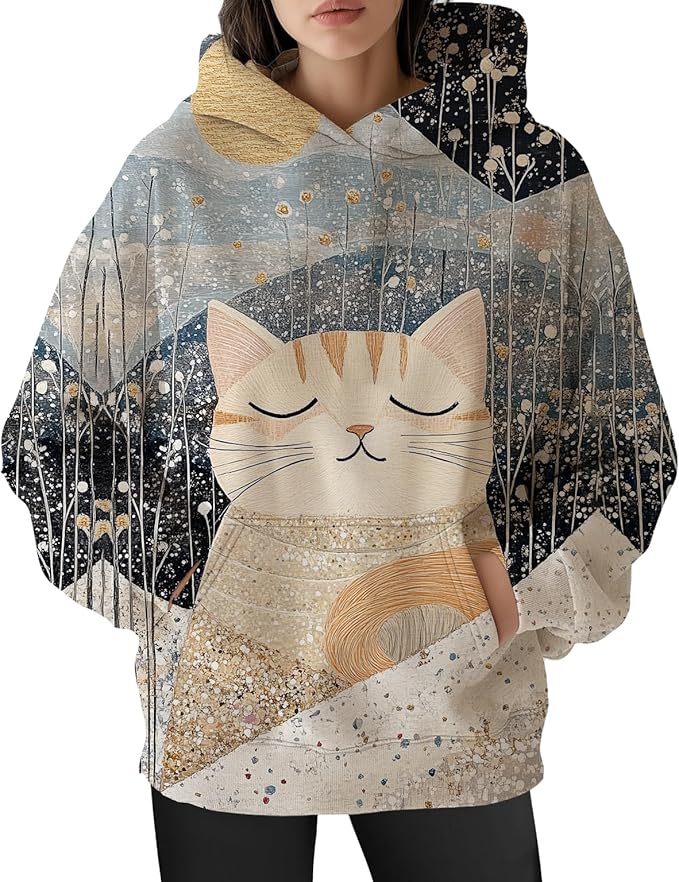 Womens Funny Cat Hoodies Oversized Graphic Hooded Sweatshirt for Women Fall Plus Size Pullover Hoodie Y2K