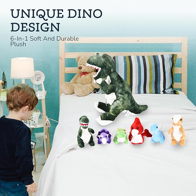 Dinosaur Stuffed Animal – Soft and Snuggly Dino Plush Toy Set – Includes 1 Large Dinosaur Plush with 6 Baby Dino Plushies – Super Soft, Skin-Friendly, and Non-Fade Cuddly Stuffed Animals
