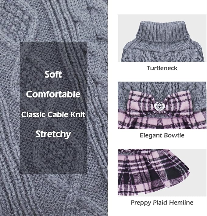 KYEESE Dog Sweater Stretchy Knitwear Pet Sweater Dress Warm Pullover Pet Coats Comfy Dogs Clothes with Bowtie Soft Turtleneck Dog Sweaters for Small Dogs Male, Grey, Large