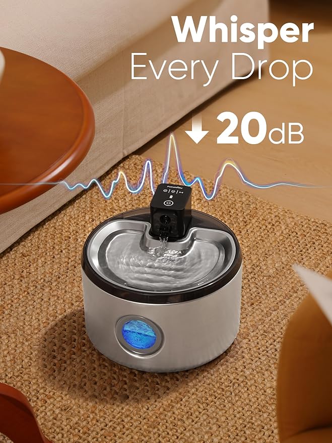 FUKUMARU Wireless Cat Water Fountain, 2025 Upgraded 152oz/4.5L Stainless Steel Battery Operated Dog Water Dispenser, Cordless Automatic Pet Fountain with 3 Modes, Hydrate for up to 15 Days