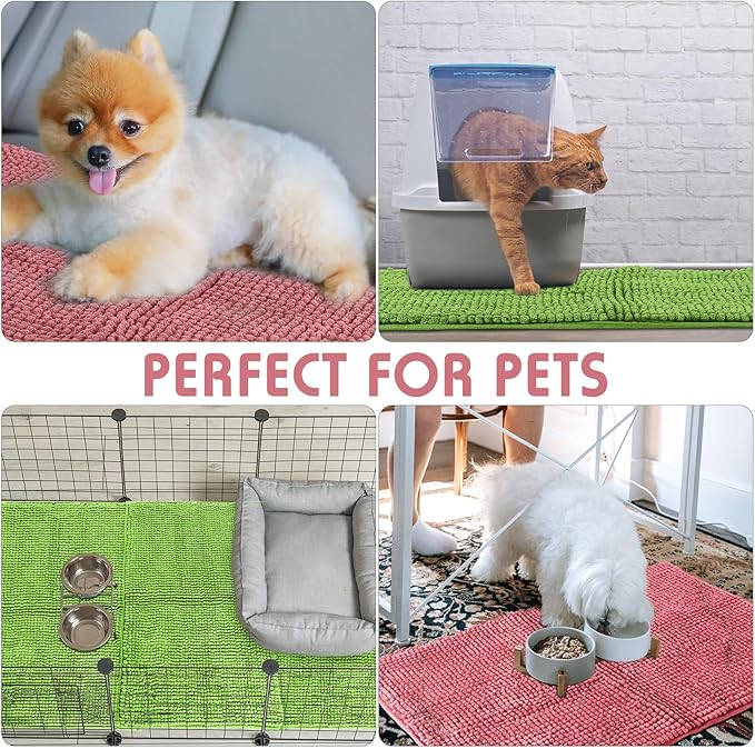 Amylove 4 Pcs Guinea Pig Cage Liner Guinea Pig Bedding Dog Door Mat for Muddy Pet Paws Washable Chenille Pee Pads Small Animal Sleeping Bed for Bunny Hamster(16 x 24 Inch,Rectangular,Green Pink)