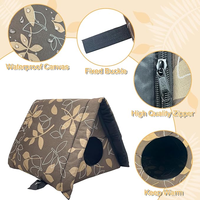 Fhiny Stray Cats Shelter, Waterproof Outdoor Cat House Foldable Warm Pet Cave for Winter Wild Animal Tent Bed Anti-Slip Kitten Cave for Feral Cat Dog Puppy Weatherproof (M, Brown)