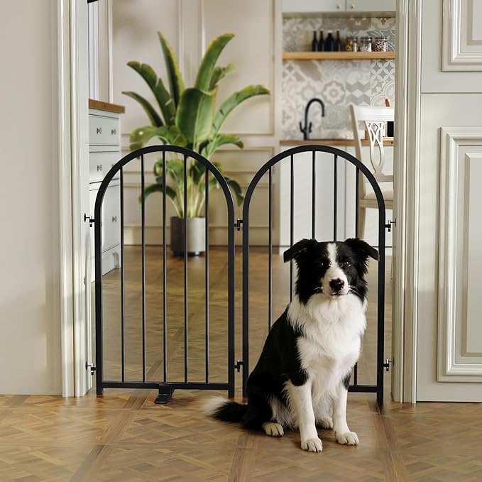 Full Metal Dog Gate for Indoor Outdoor, 32" Tall Free Standing Pet Dog Fence, 36" Wide Arched Pet Gates for Stairs, Hallways, Doorways, Kitchen, Decks, Yards (Black, 2 Panels)