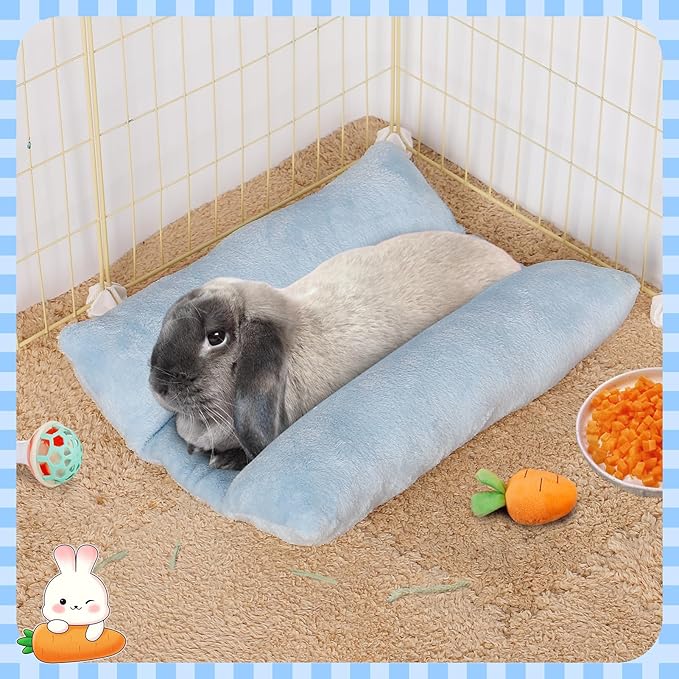 MEWTOGO 15.7" x 14" Bunny Bed for Rabbit Cage - Thickened Soft Prevent Sore Hocks Plush Mat with Cotton Lounger Pillows, Small Animal Flop Mat for Hutch Sleeping Indoor, Light Blue