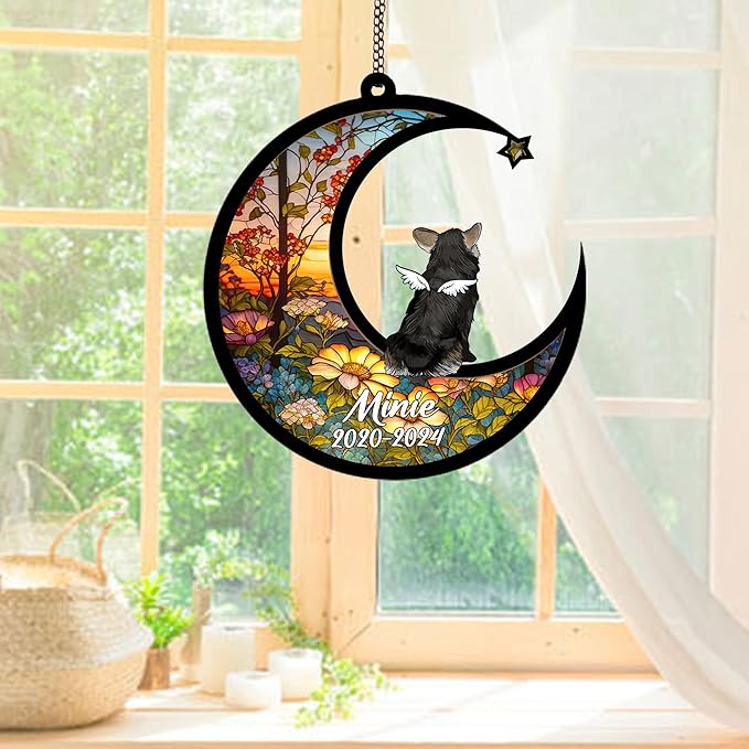 Personalized Corgi (Black) Sun Catcher, Dog Memorial Gifts, Custom Corgi (Black) with Wings Ornament Christmas Tree, Loss of Dog Sympathy Gift Memorial Suncatchers