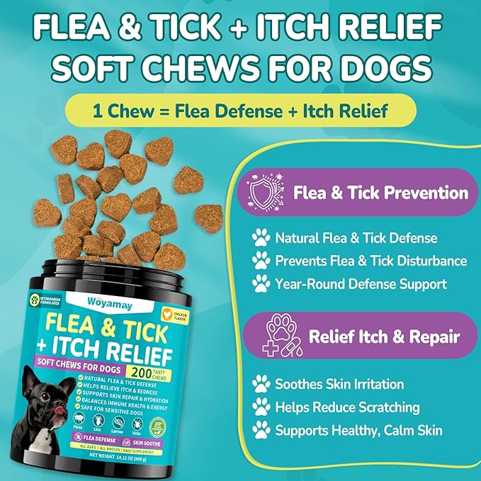 Flea & Tick + Itch Relief for Dogs Chewables, Flea and Tick Prevention for Dogs, Dog Allergy Chews, Dog Itching Skin Relief & Skin Repair, Flea Treatment Dogs, 200 Soft Chews, Chicken Flavor