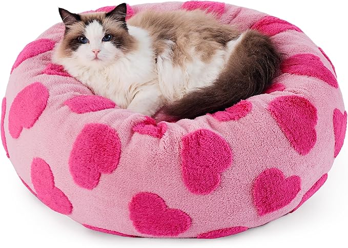 LE SURE Donut Small Dog Bed - Round Cat Beds Indoor Anti-Anxiety Calming Gift for Pets, Washable Cute Modern Beds with Jacquard Shaggy Plush & Anti Slip Bottom, 20 Inch, Heart Pink