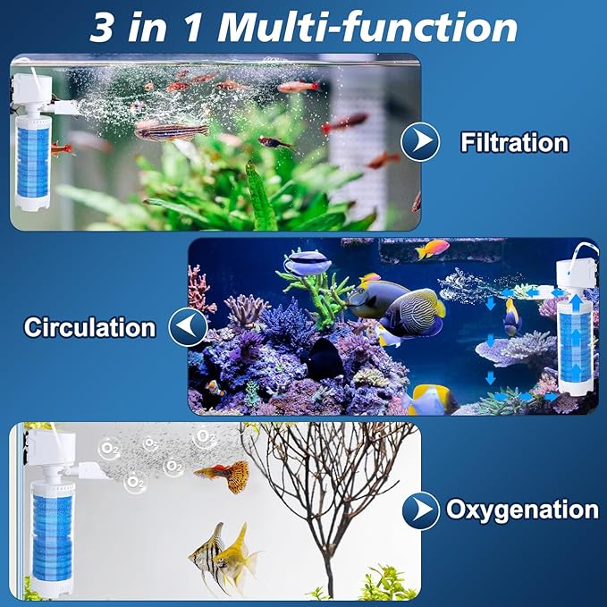 20-100 Gal Multifunction Power Aquarium Filter, Up to 320GPH Adjustable Bubble & Silent Dual Mode Internal Fish Tank Filter for Filtration, Oxygenation, Circulation, Wavemaker
