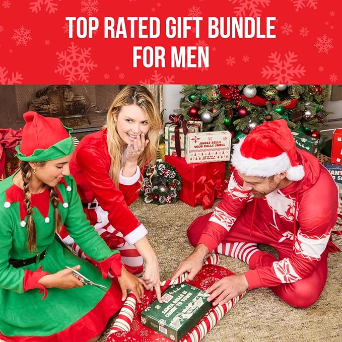 Happy Nuts Holiday Gift Bundle Kit for Men - Comes With Comfort Powder, Body Wash & Christmas Festive Ornament - A Hilarious Stocking Stuffer or White Elephant Mens Gift Basket Idea for Him
