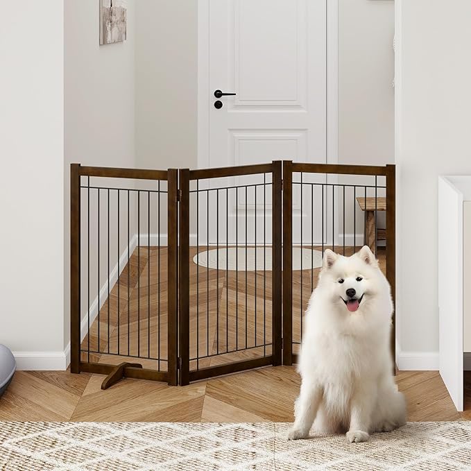 Wire Dog Gate Solid Wood Frame, Anti-Chewing, 3-Panel, 36" Height, 60" Width, Indoor Freestanding Pet Gate Foldable Wooden Dog Fences for Stairs, House, Doorway, Walnut Color