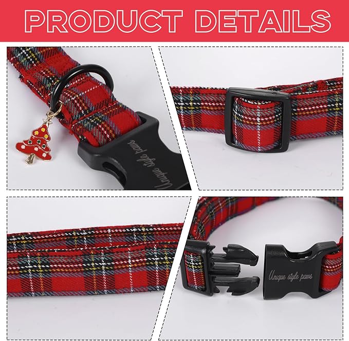 Unique Style Paws Christmas Dog Collar Plastic Buckle with Pendant Red Scottish Grid Cotton Puppy Collars for Small Medium Large Dogs