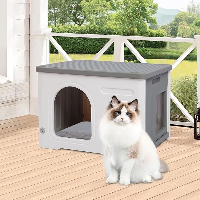 Rockever Plastic Cat House Outdoor with Escape Door, Waterproof Feral Cat House Outdoor Indoor, Sturdy Cat House for Outdoor Cats with Cat Bed Mat, Assemble Easily-Grey