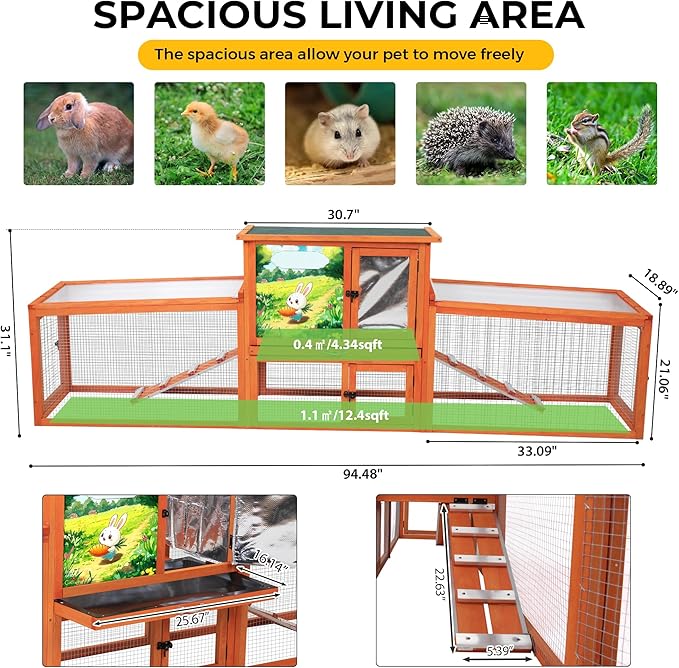 COZIWOW Large Wooden Rabbit Hutch Outdoor Indoor Bunny Cage, 2-Level Small Animal House Enclosure with All-Covered Sloped Roof (Orange)