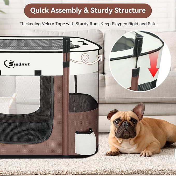 Dog Cat Playpen, Pet Puppy Portable Playpens for Outdoor Travel Crate, Indoor After Surgery Use, Foldable Dog Kennel Tent for Rabbit or Small Animals and Tent Stakes (Brown, Large)