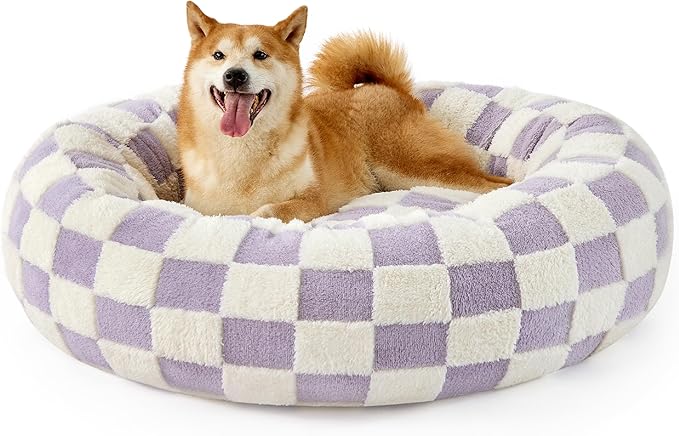 Lesure Shown on TV Donut Large Dog Bed - XL Round Cat Beds Indoor Anti-Anxiety Calming Christmas Bed Present for Pets, Washable Cute Bed with Jacquard Shaggy Plush & Anti Slip Bottom, 36 Inch, Purple