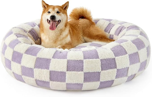 Lesure Shown on TV Donut Large Dog Bed - XL Round Cat Beds Indoor Anti-Anxiety Calming Christmas Bed Present for Pets, Washable Cute Bed with Jacquard Shaggy Plush & Anti Slip Bottom, 36 Inch, Purple