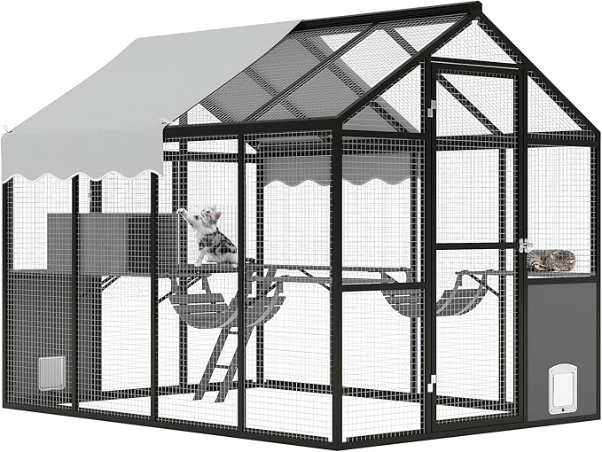 Aluminum Extra Large Outdoor Catio Enclosure for Multiple Cats with Upgrade Window – Walk-in Cat Run with Channels, Side Door, UV-Proof Cover & Platform