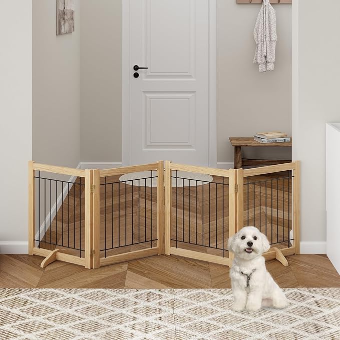 Wire Dog Gate Solid Wood Frame, Anti-Chewing, 4-Panel, 24" Height, 80" Width, Indoor Freestanding Pet Gate Foldable Wooden Dog Fences for Stairs, House, Doorway, Oak Color