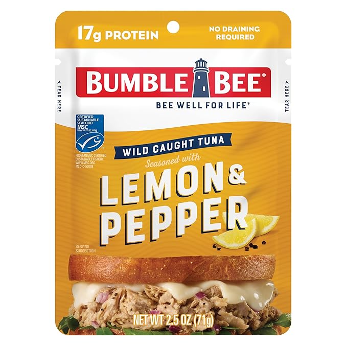 Bumble Bee Lemon & Pepper Seasoned Tuna Pouch - Wild Caught and Ready to Eat for Snack, Salad, Korean Tuna Bowl - 17g Protein per Serving - PERFECT, PORTABLE, GOODNESS - 2.5 oz Packet (Pack of 1)