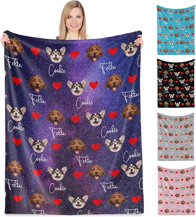 D-Story Custom Blanket with Dogs Pictures & Name Personalized Funny Dog Face Throw Blankets 1-6 Photos Customized Funny Christmas Gag Gift for Friends Dog Dad Mom Birthday Christmas