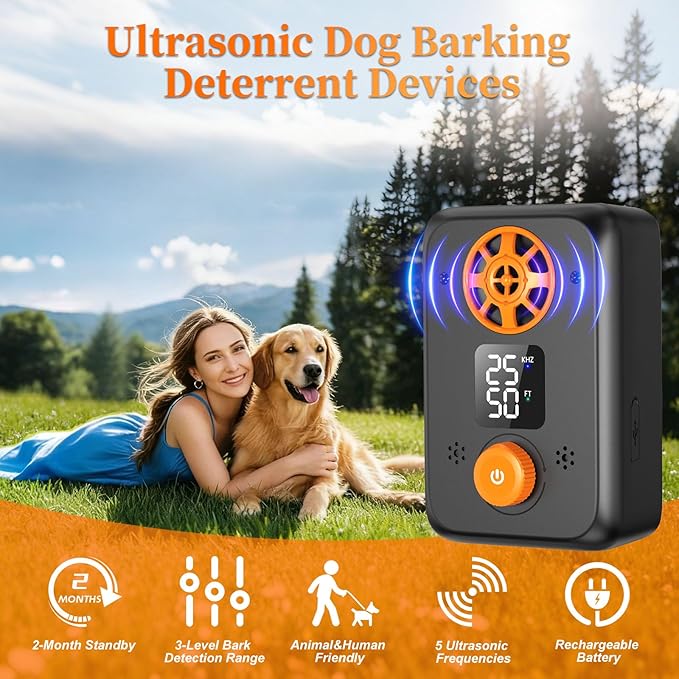 Ultrasonic Dog Bark Deterrent Devices- Anti Barking Devices with 5 Freq 3 Range Modes Auto Dog Barking Stopper Box Stop Neighbors Dogs Effective Bark Control Bark for Indoor Outdoor