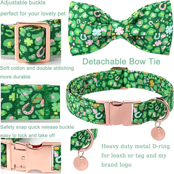 St. Patrick's Day Dog Collar with Bow Tie, Spring Shamrock Bowtie Collar for Girl Boy Dog, Lucky Clover Dogs Collars with Metal Buckle, Green Collars for Dogs, XS, Neck 8-12in