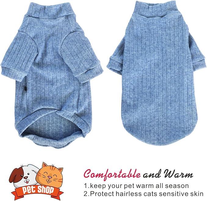 Idepet Sphynx Hairless Cats Sweater Shirt Kitten Soft Puppy Clothes Pullover Cute Cat Pajamas Jumpsuit Cotton Apparel Pet Winter Turtleneck for Cats and Teacup Chihuahua Small Dogs(Blue,XL)