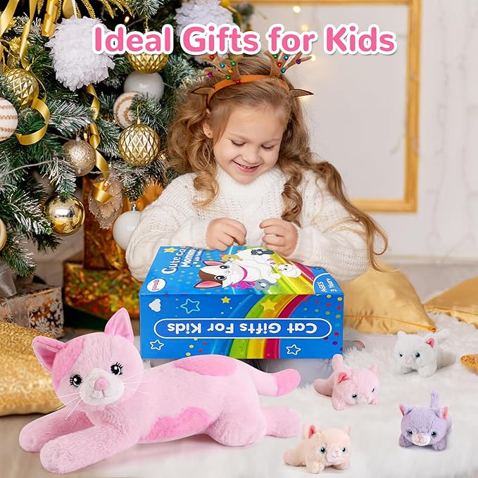 5 Pieces Cat Stuffed Animals with Babies Inside Belly - 1 Mommy Stuffed Cat with 4 Kittens - Stuffed Kitty Plush Toys for Kid Age 3-8, Gift Ideal for Christmas, Valentine's, Birthday (Pink)