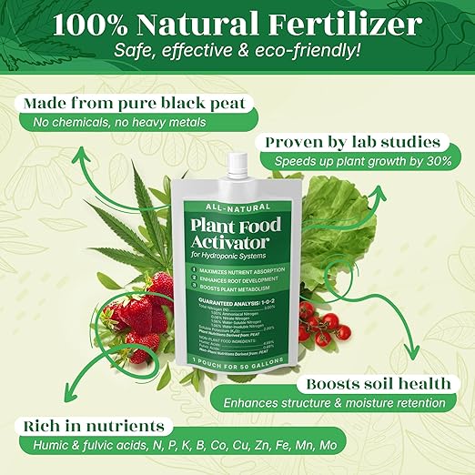 All-Natural Plant Food Activator for Hydroponic Systems (DWC, NFT, Ebb&Flow), Heavy-Metal-Free, for Indoor/Outdoor Hydroponics, Hydroponics Nutrients Enhancer, Humic Fulvic Acid Liquid Concentrate