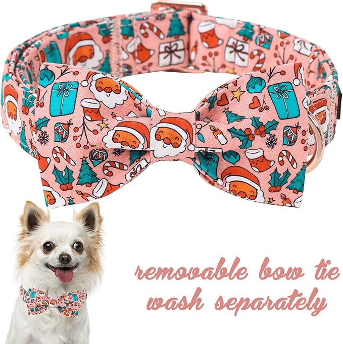 Unique Style Paws Christmas Day Dog Collar with Bow Pink Christmas Man Cotton Puppy Collars for Small Medium Large Dogs