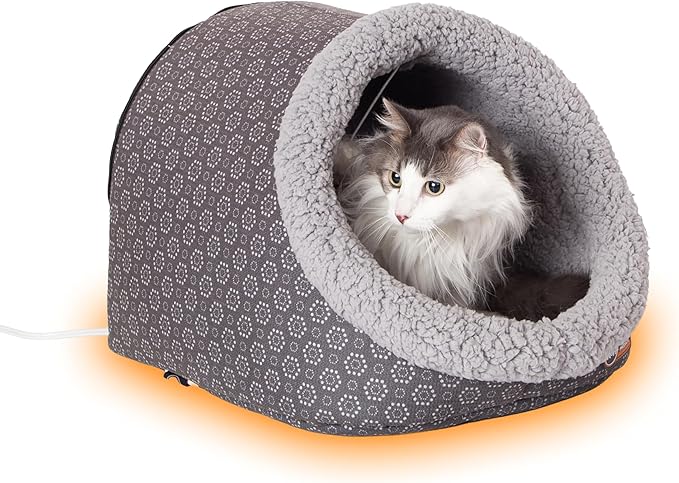 K&H Pet Products Heated Cat Bed - Thermo-Pet Cave for Large Cats, Indoor Heated Pet Bed for Dogs & Cats, Covered Cave Pet Tent, Collapsible, Machine Washable, Safety Listed - 17 X 15 X 13in Gray