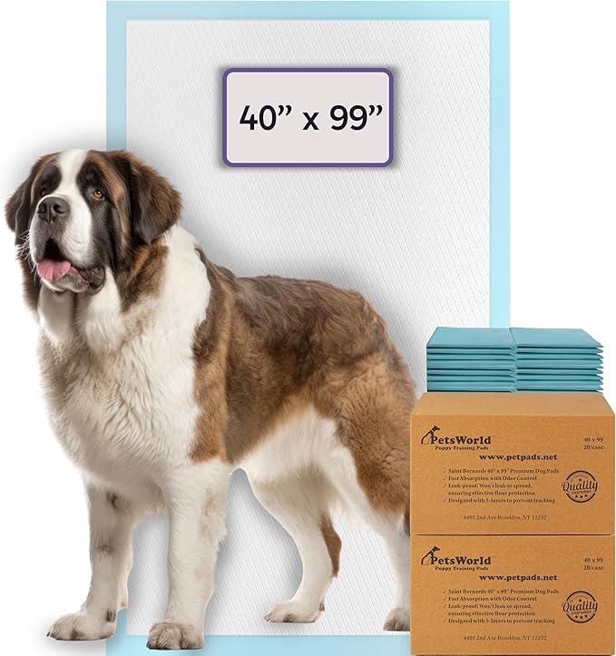 PETSWORLD Mega-Sized Dog Pee Pads (40" x 99") – 4XL Gigantic Pet Piddle Pads for Puppy Training, Incontinence – with Adhesive Sticky Tape – Leak Proof, 5-Layer Protection (40 Count)