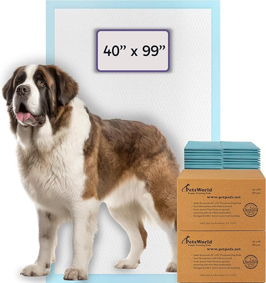 PETSWORLD Mega-Sized Dog Pee Pads (40" x 99") – 4XL Gigantic Pet Piddle Pads for Puppy Training, Incontinence – with Adhesive Sticky Tape – Leak Proof, 5-Layer Protection (40 Count)