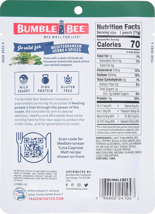 Bumble Bee Mediterranean Herbs & Spices Seasoned Tuna, 2.5 oz Pouch - Ready to Eat - Wild Caught Tuna Packet - 14g Protein per Serving - Gluten Free (Pack of 2)