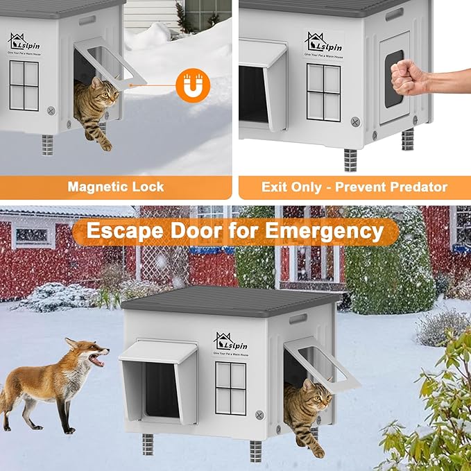 Indestructible Heated Cat House for Outside Cats Winter,Weatherproof & Insulated & Elevated Feral Cat House with Escape Door, Outdoor Indoor Cat Shelter for Stray Barn Cat 17.7×14.9×17.5