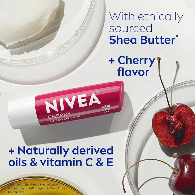 NIVEA Cherry Lip Care,Ruby Tinted Lip Balm Pack with Shea Butter,Nourishing Oils and Vitamin C & E,3-in-1 Moisture,Repair and Color,0.17 Oz Stick,(Pack of 8)