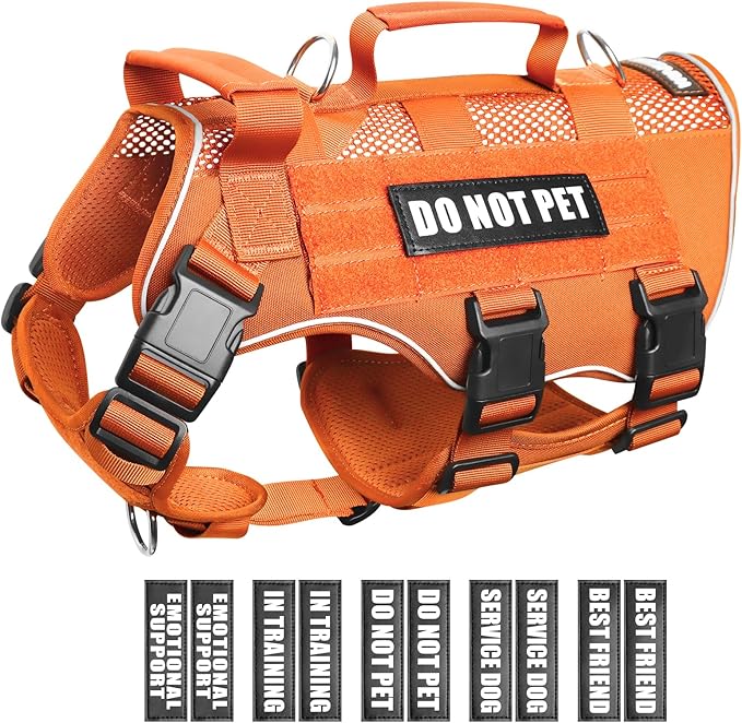 WINSEE Mesh Dog Harness with 10 Pet Patches for Medium Service Dog in Training, Breathable Tactical Molle Vest with Double Handle, Reflective Military Pet Vest for Walking Hiking