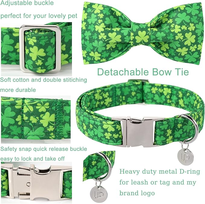 St. Patrick's Day Dog Collar with Bow Tie, Cotton St. Patrick's Day Bowtie Collar for Girl Boy Dosg, Lucky Shamrock Pet Collars with Metal Buckle, Spring, L, Neck 16-24in
