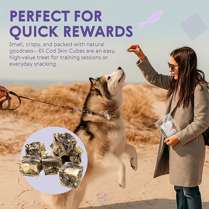 Eli Cod Skin Cubes – A Natural, Bite-Sized Fish Treat for Dogs, High in Protein and Omega-3, Ideal for Quick Rewards or Meal Toppers, Single Ingredient, Grain Free, Gluten Free, Air Dried – 2 Lbs