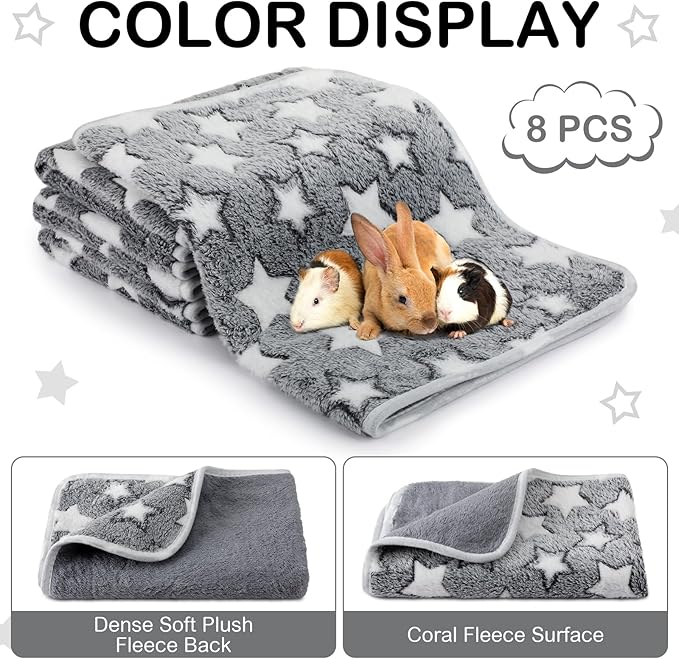 Tudomro 8 Pcs Guinea Pig Blankets Absorbent Washable Animal Fleece Bedding Cage Liners Waterproof Reusable Pet Pee Sleep Mat Pad Cover for Chinchilla Hamster Ferret(Grey Star,12 x 12 Inch)