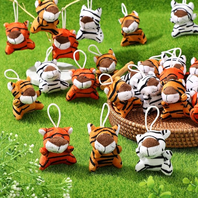 HooLing 100 Pcs Small Tiger Stuffed Animals Mini Jungle Animals Keychains Plush Toys Bulk Cute Forest Plushies for Kid Adults Valentines Holiday Birthday Party Favors Goodies Fillers Carnival Prize