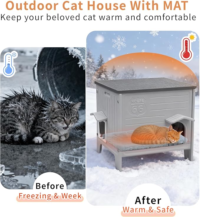 Rockever Waterproof Cat House for Outdoor Cats, Insulated Outdoor Cat House with Soft Mat, Elevated Feral Cat House Outdoor Indoor, Safe Escape Door, Spacious and Clean Easily(M,Grey with Mat)