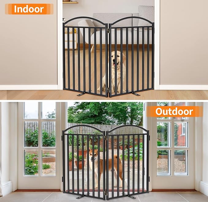 Malier Metal Freestanding Dog Gates, 32'' Height Outdoor Indoor Dog Fences, 48'' Extra Wide Pet Gate, Foldable Puppy Free Standind Tall Pet Gate for Stairs, Hallways, Doorways, Yard (Black 2 Panels)