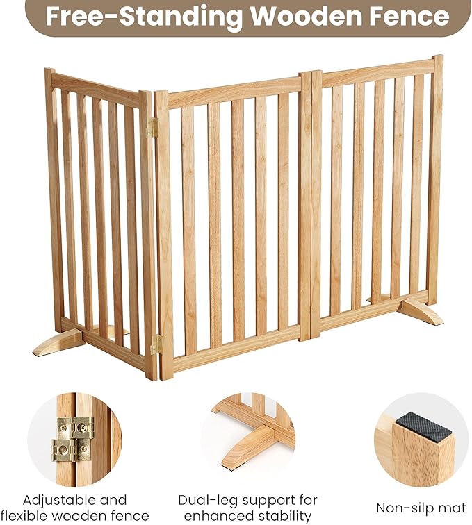 Wire Dog Gate Solid Wood Frame, 36" Height, Anti-Chewing Pet Gate Indoor Freestanding Indoor Foldable Dog Fences for Stairs, House, Doorway Extra Wide, 3-Panel, 60" Wide, Natural