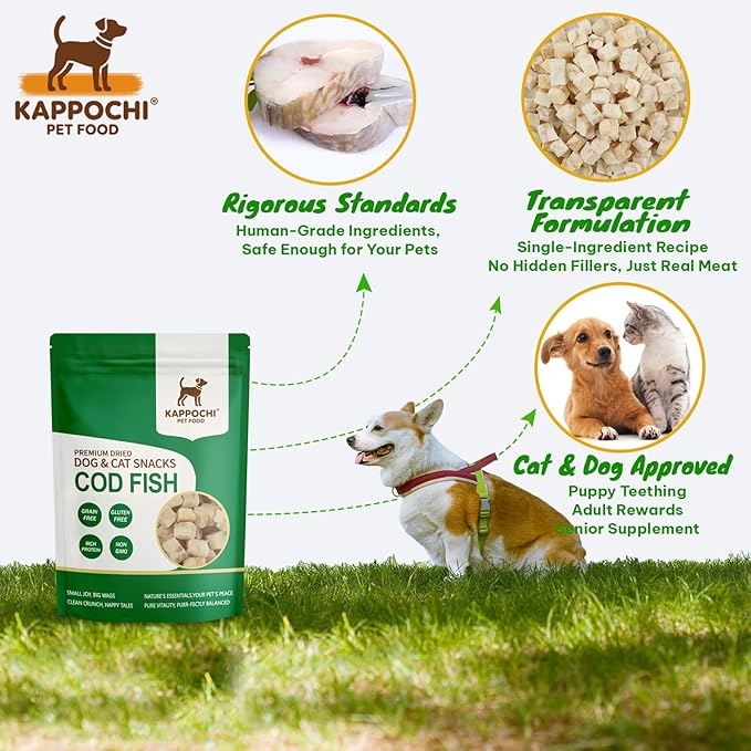 Freeze-Dried Cod Fish Cat Dog Treats, 1.76oz(50.0g), 100% Single Ingredient High Protein Training Treats, Rich in Omega, Natural & Raw, No Additives, Grain Free, Gluten Free